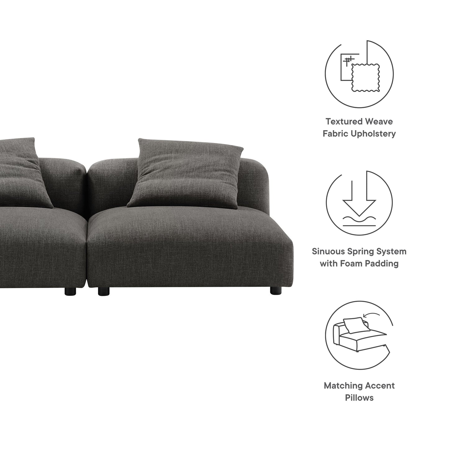 Dark gray textured weave fabric 2-piece modular upholstered sofa with foam-padded cushions and matching accent pillows.