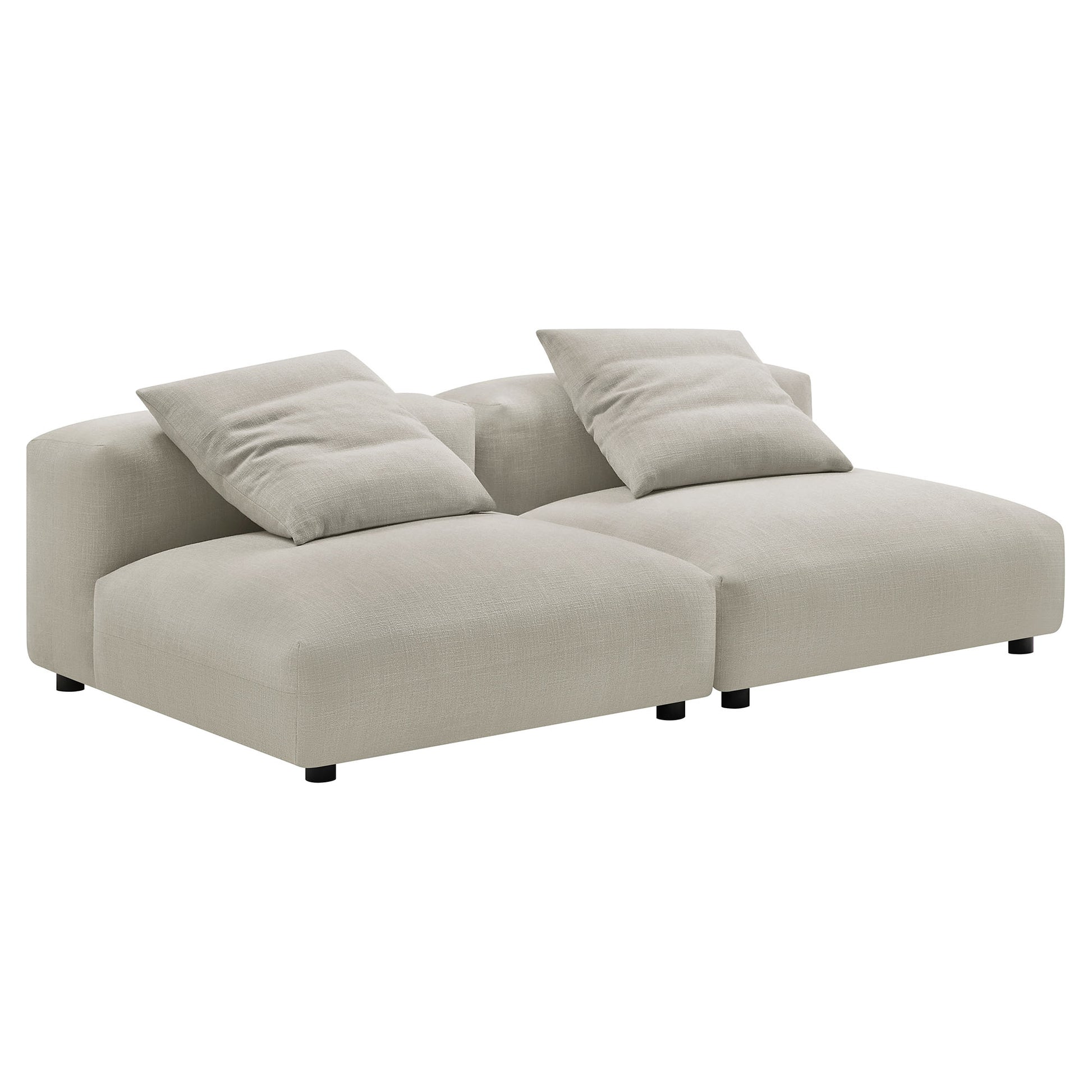 Beige linen fabric modular sofa with two wide seats, two back cushions and low-profile black feet.
