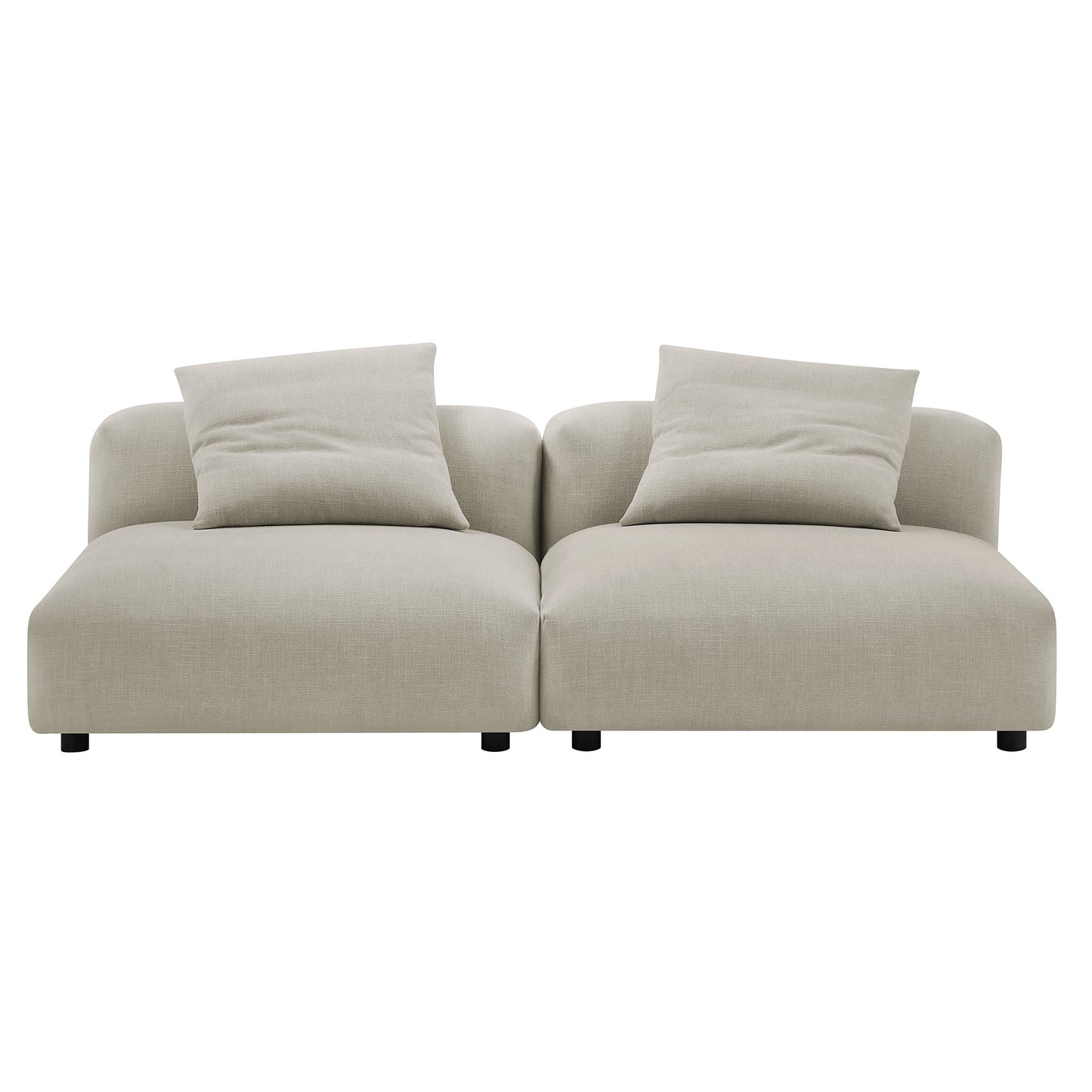 Brown 2-piece modular upholstered fabric sofa, two connected seats with square back cushions, low-profile arms and black legs.