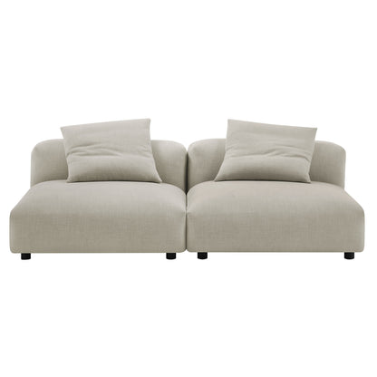 Brown 2-piece modular upholstered fabric sofa, two connected seats with square back cushions, low-profile arms and black legs.