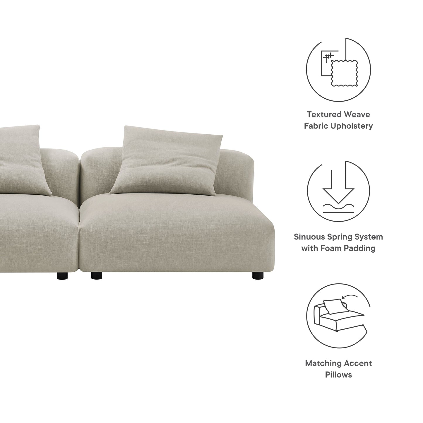 Brown modular sofa with two cushions; textured weave fabric, sinuous spring system with foam padding, accent pillows.