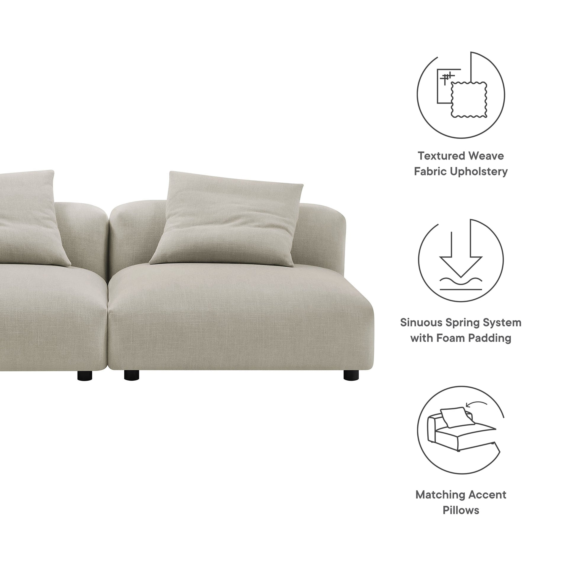 Brown modular sofa with two cushions; textured weave fabric, sinuous spring system with foam padding, accent pillows.