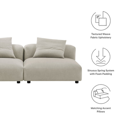 Brown modular sofa with two cushions; textured weave fabric, sinuous spring system with foam padding, accent pillows.
