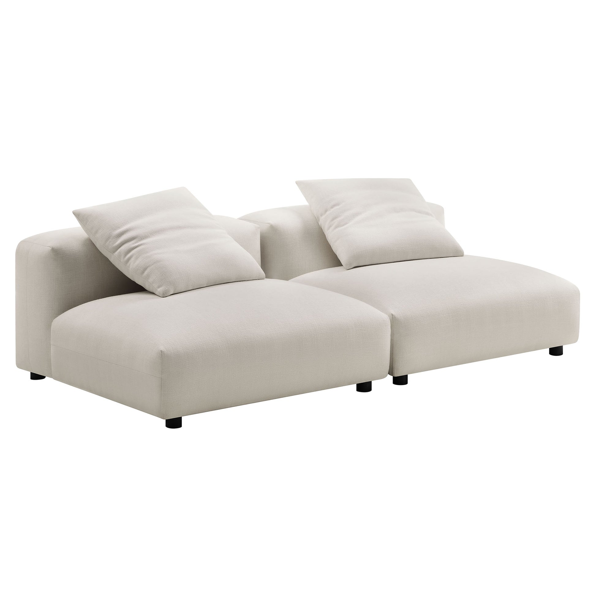 Gray fabric modular sofa with two connected seats, low-profile design, two plush back cushions, short black legs