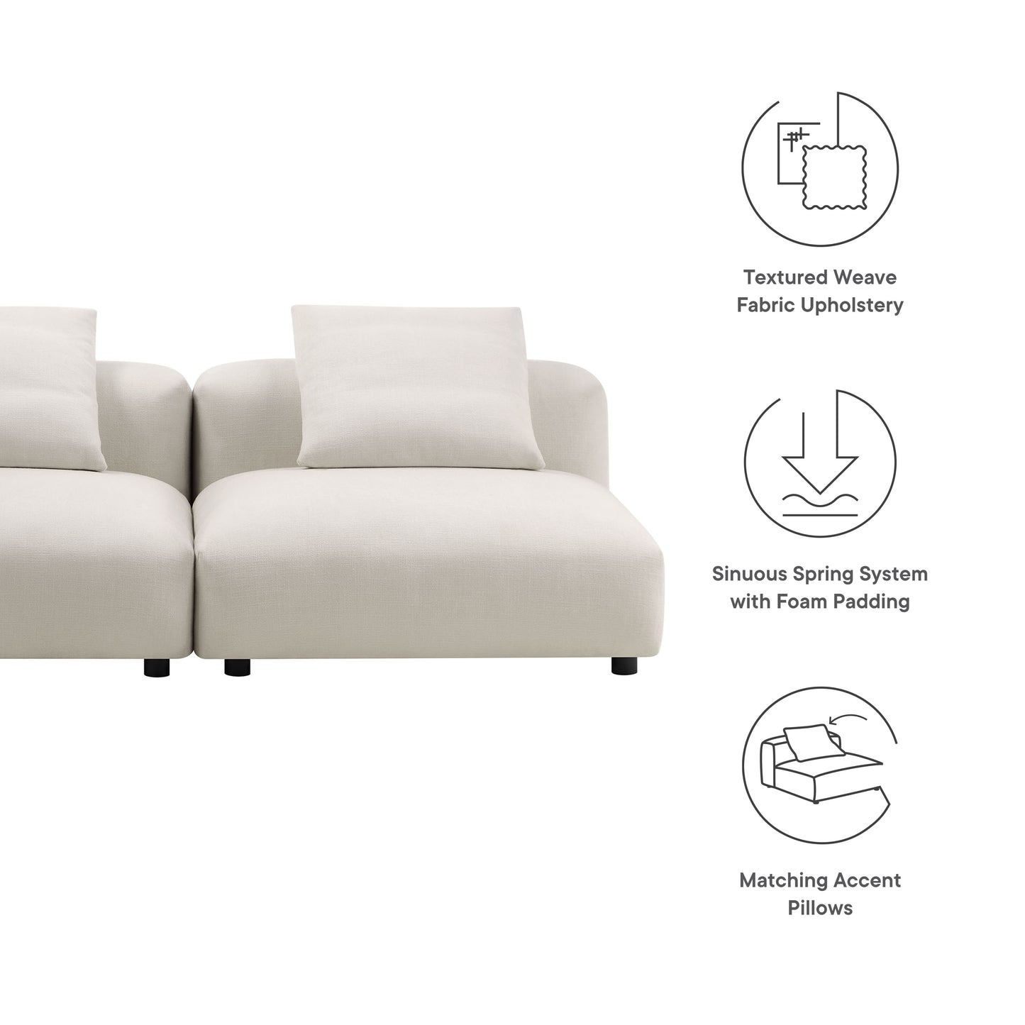 Gray modular sofa with textured weave fabric, sinuous spring system with foam padding, and matching accent pillows.