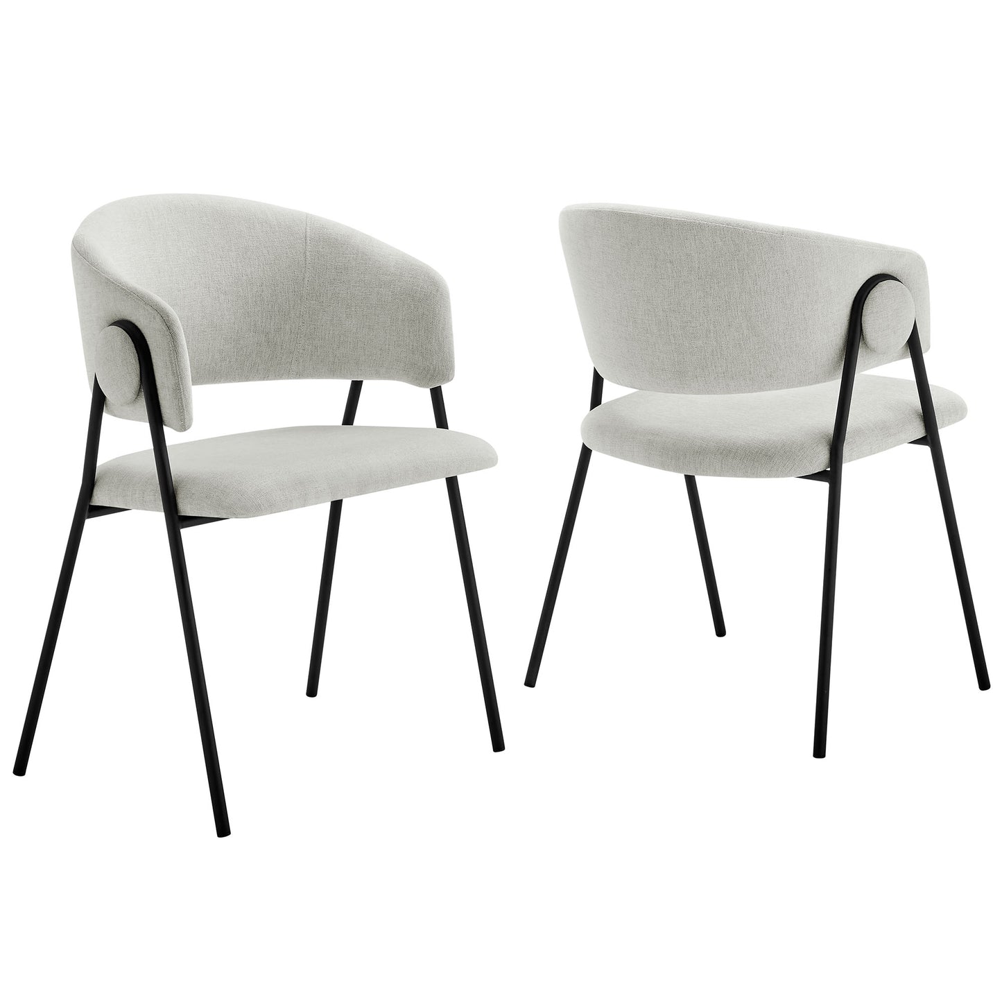 Pair of black upholstered dining chairs with curved backs and dark metal legs in heathered chenille fabric.