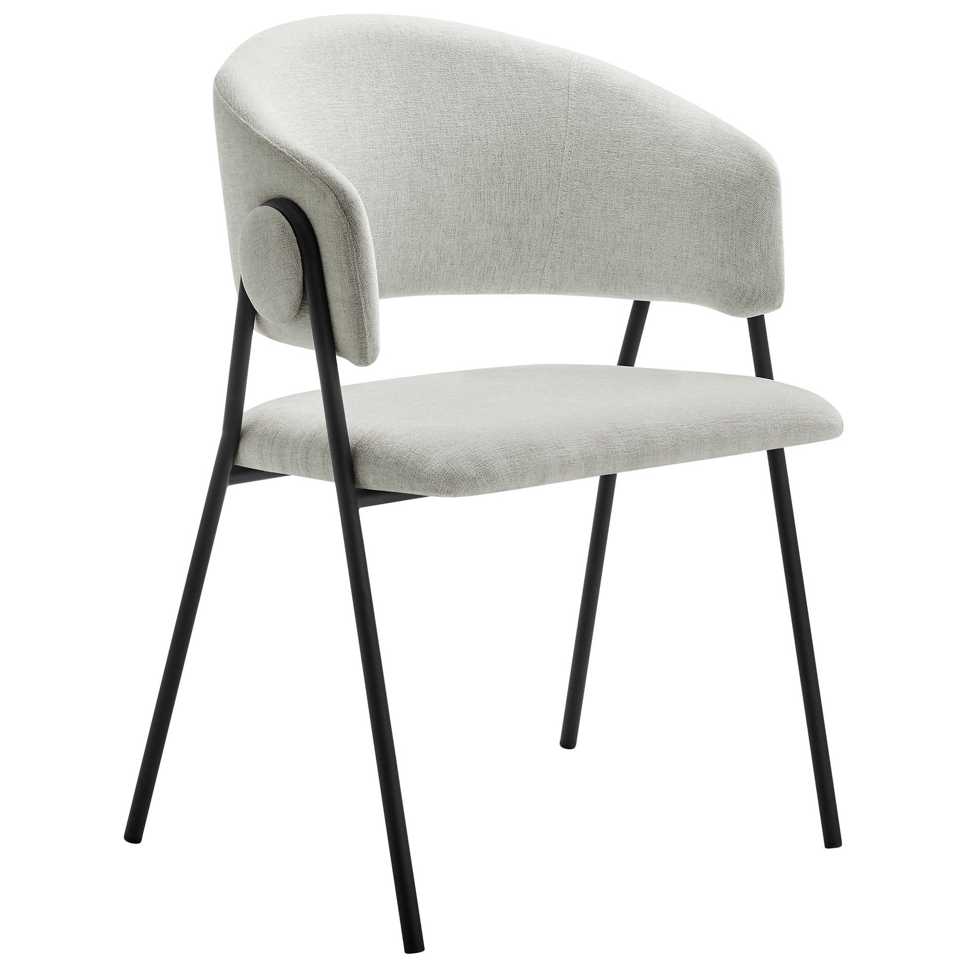 Light gray chenille upholstered mid-century modern dining chairs (set of 2) with curved backs, wraparound armrests, and black metal legs.