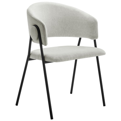 Light gray chenille upholstered mid-century modern dining chairs (set of 2) with curved backs, wraparound armrests, and black metal legs.