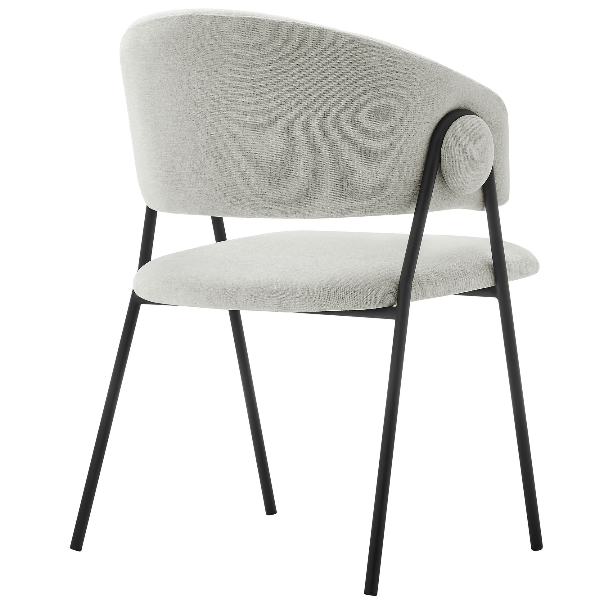 Black fabric upholstered dining chair with curved back, rounded seat, and slim black metal legs.