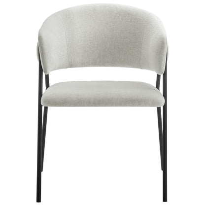 Light gray fabric upholstered armless dining chair with curved barrel back & black metal legs.