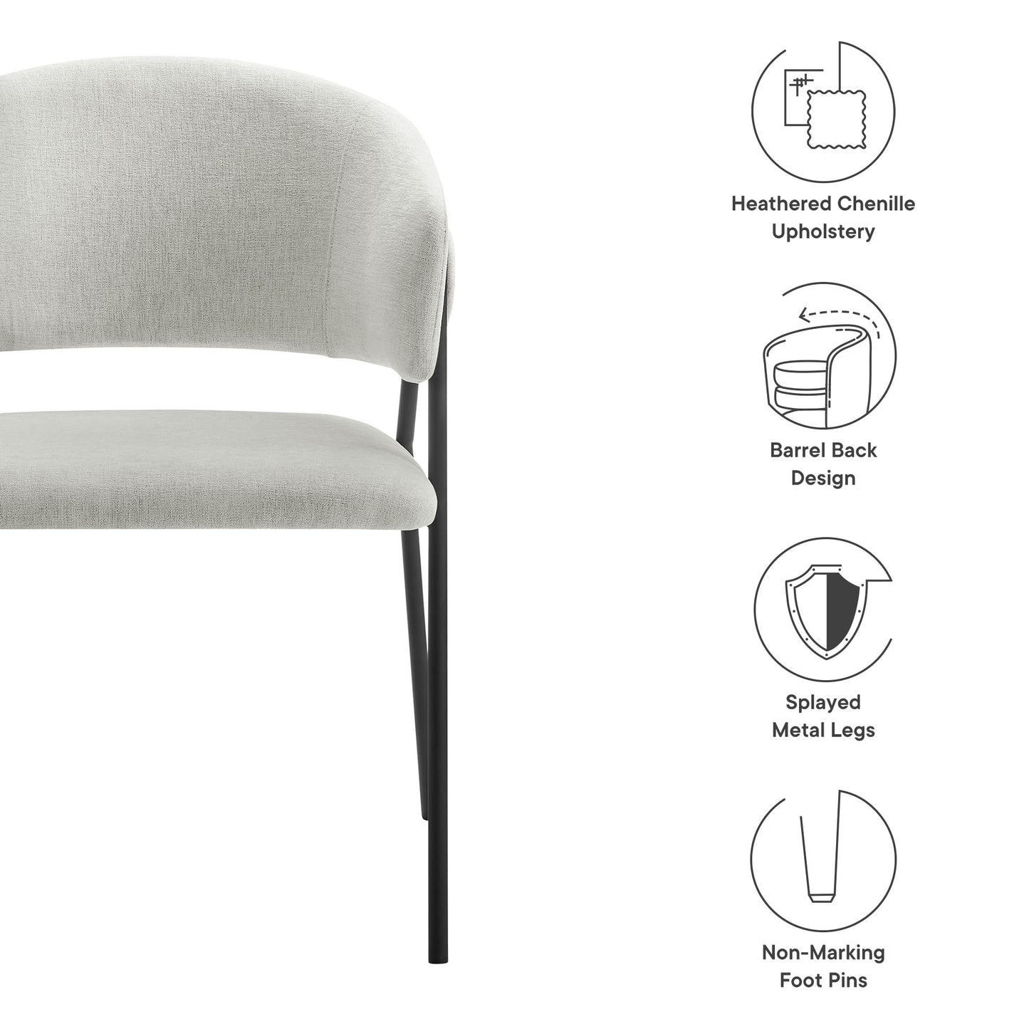 Light gray heathered chenille dining chairs with curved barrel backs and black splayed metal legs, non-marking feet; set of 2.
