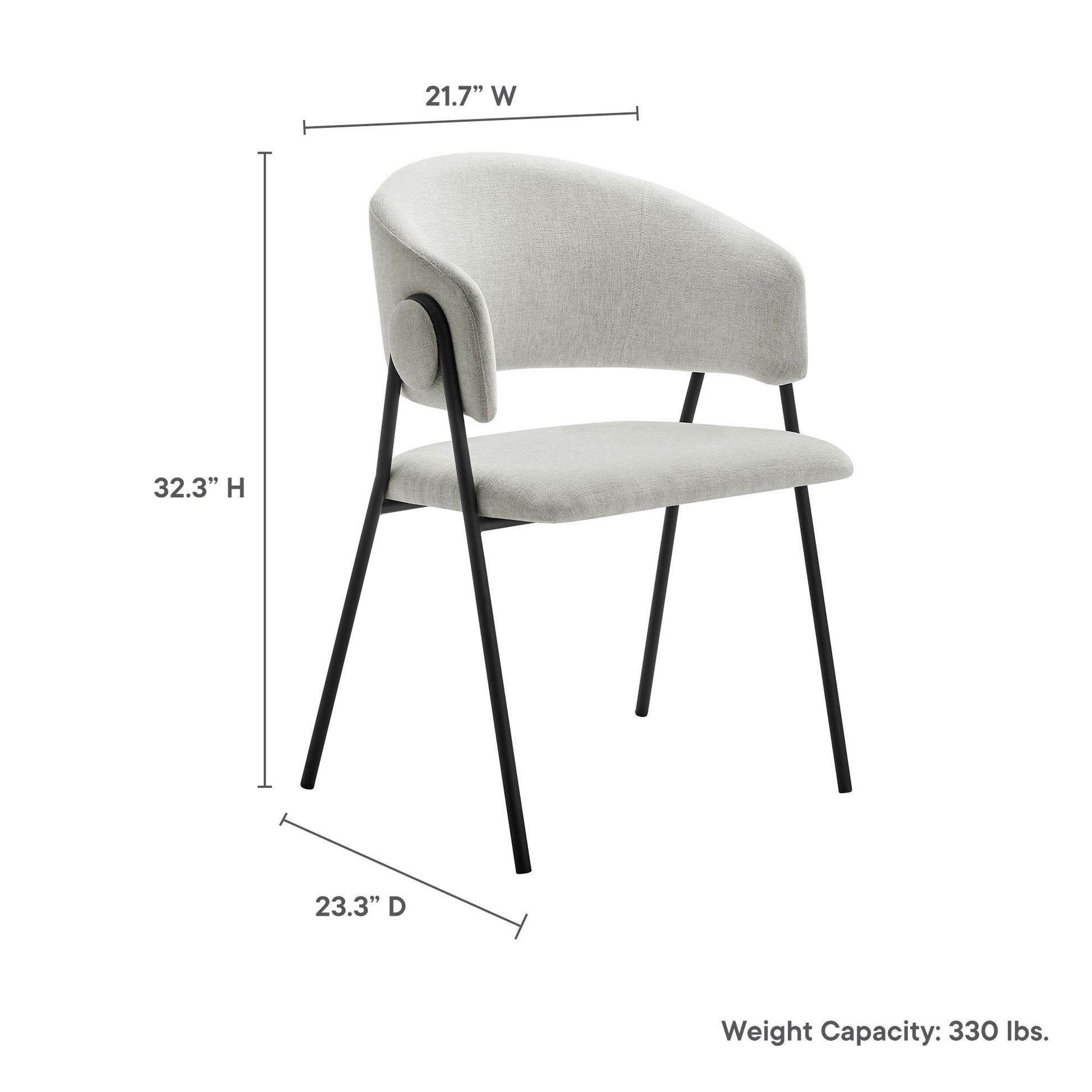 Light gray upholstered chair with curved back and arms, slim black metal legs; modern accent/dining chair.