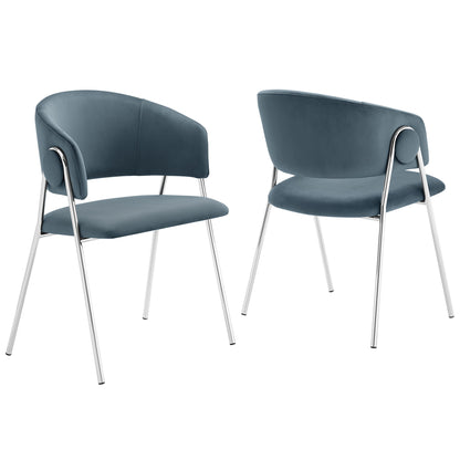 Pair of blue upholstered chairs with chrome legs and curved backrest supports in mid-century modern style.