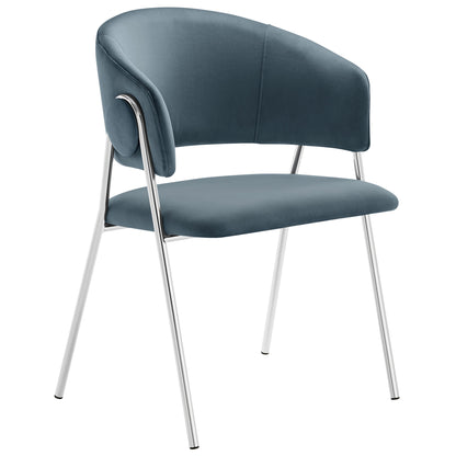 Blue upholstered chair with curved back, integrated armrests, and slender chrome legs.