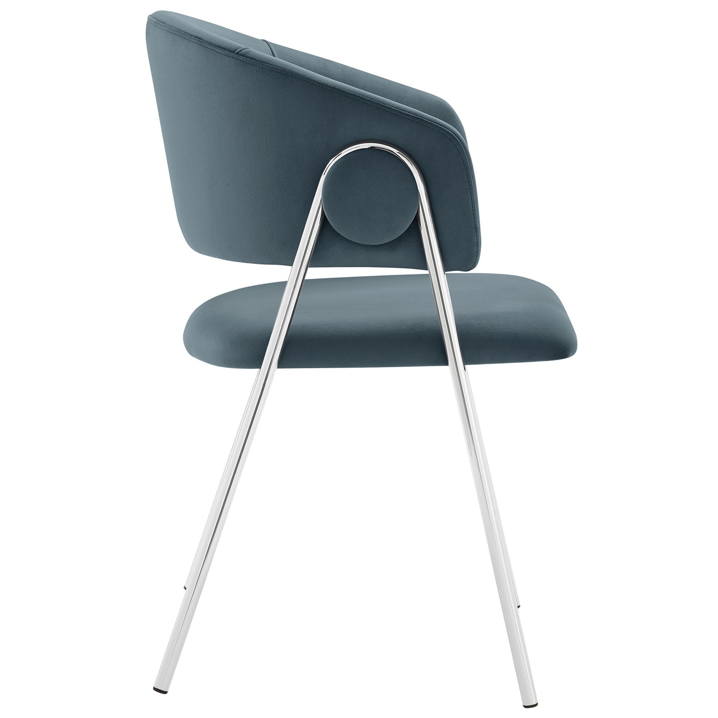 Blue upholstered dining chairs, set of 2, with chrome metal legs and a circular backrest connector, modern mid-century style.