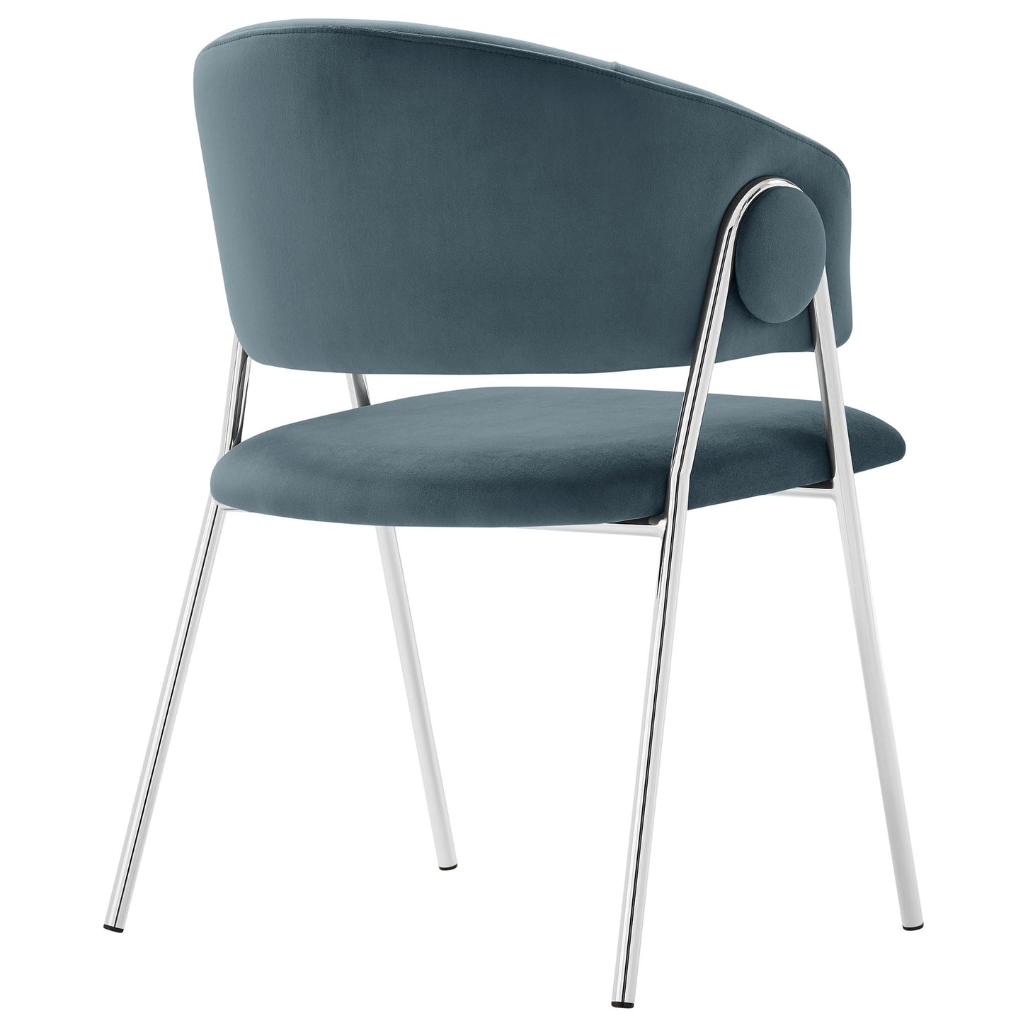 Blue velvet upholstered dining chairs with curved backs & chrome tubular legs (set of 2).