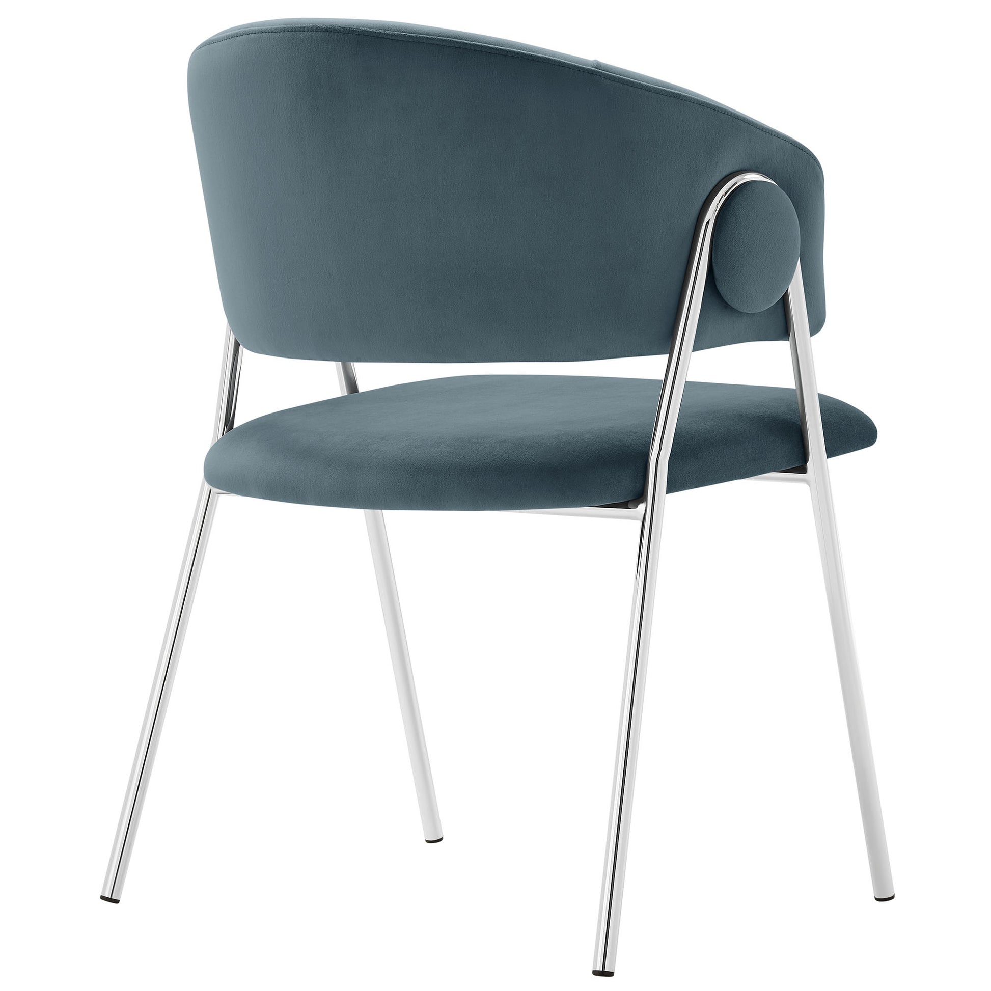 Blue velvet upholstered dining chairs with curved backs & chrome tubular legs (set of 2).