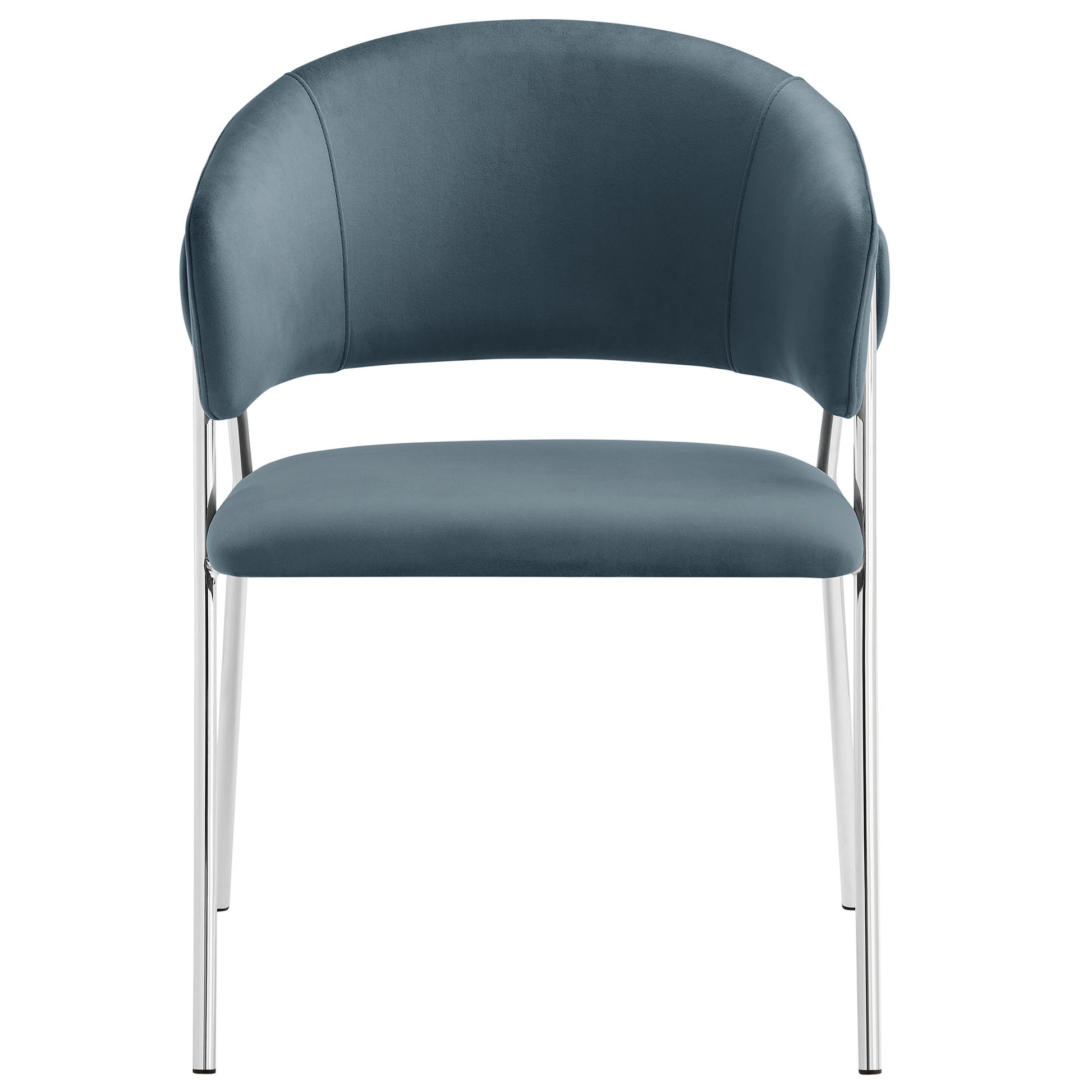 Blue upholstered dining chairs with curved back and chrome legs, set of 2.