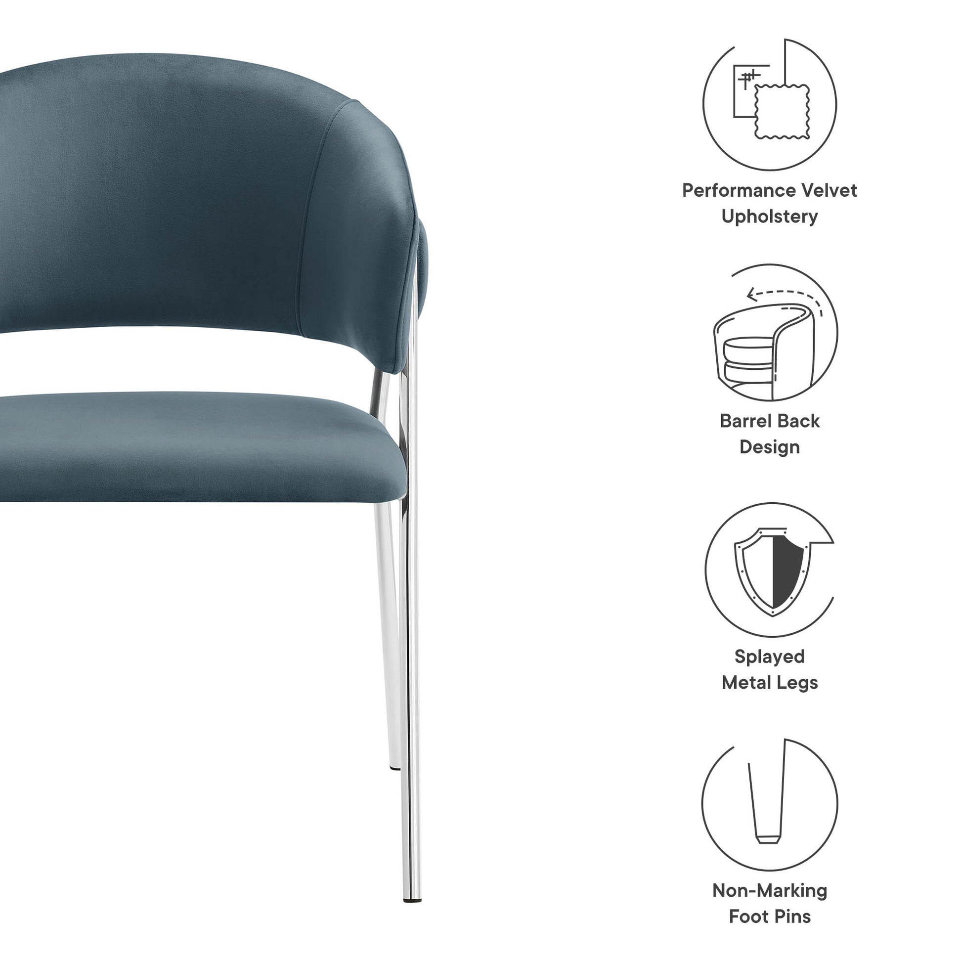 Blue performance velvet dining chairs with curved barrel-back seats and chrome splayed legs; set of 2.