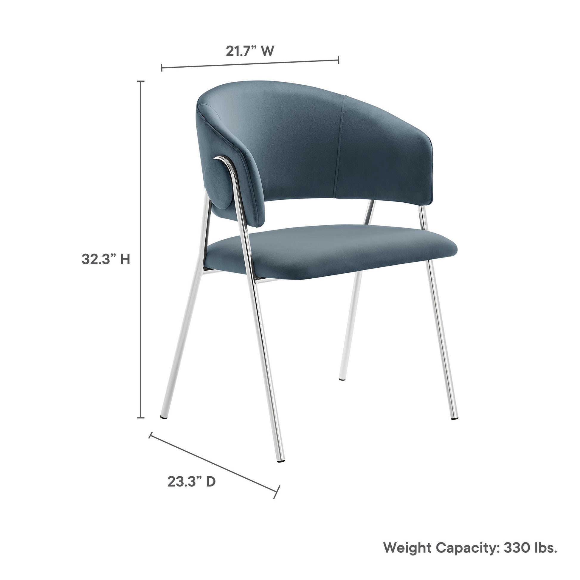 Blue velvet dining chair with curved back, padded seat, chrome legs; 21.7W x 32.3H x 23.3D.