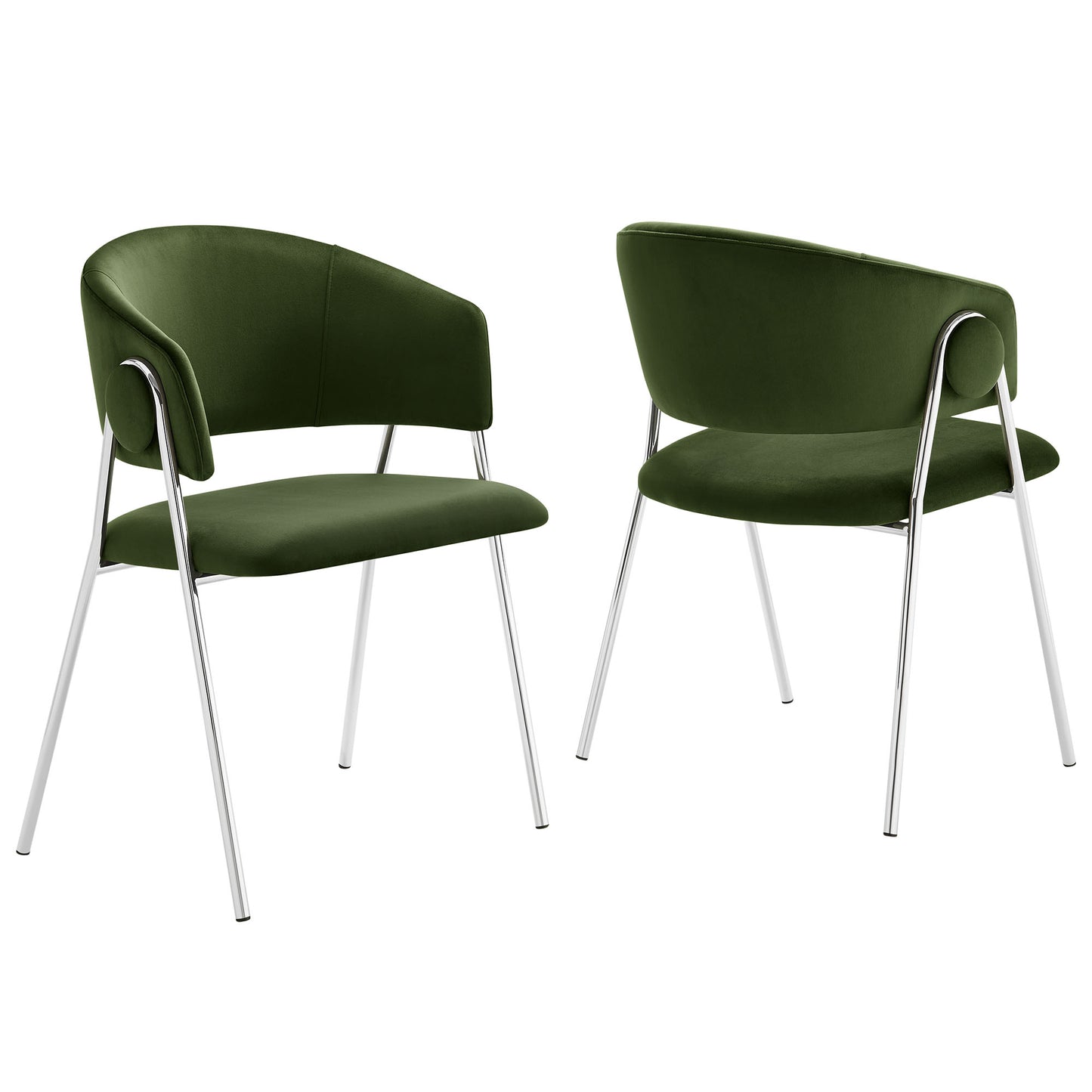 Pair of velvet dining chairs with curved backs and slim chrome legs; silver.