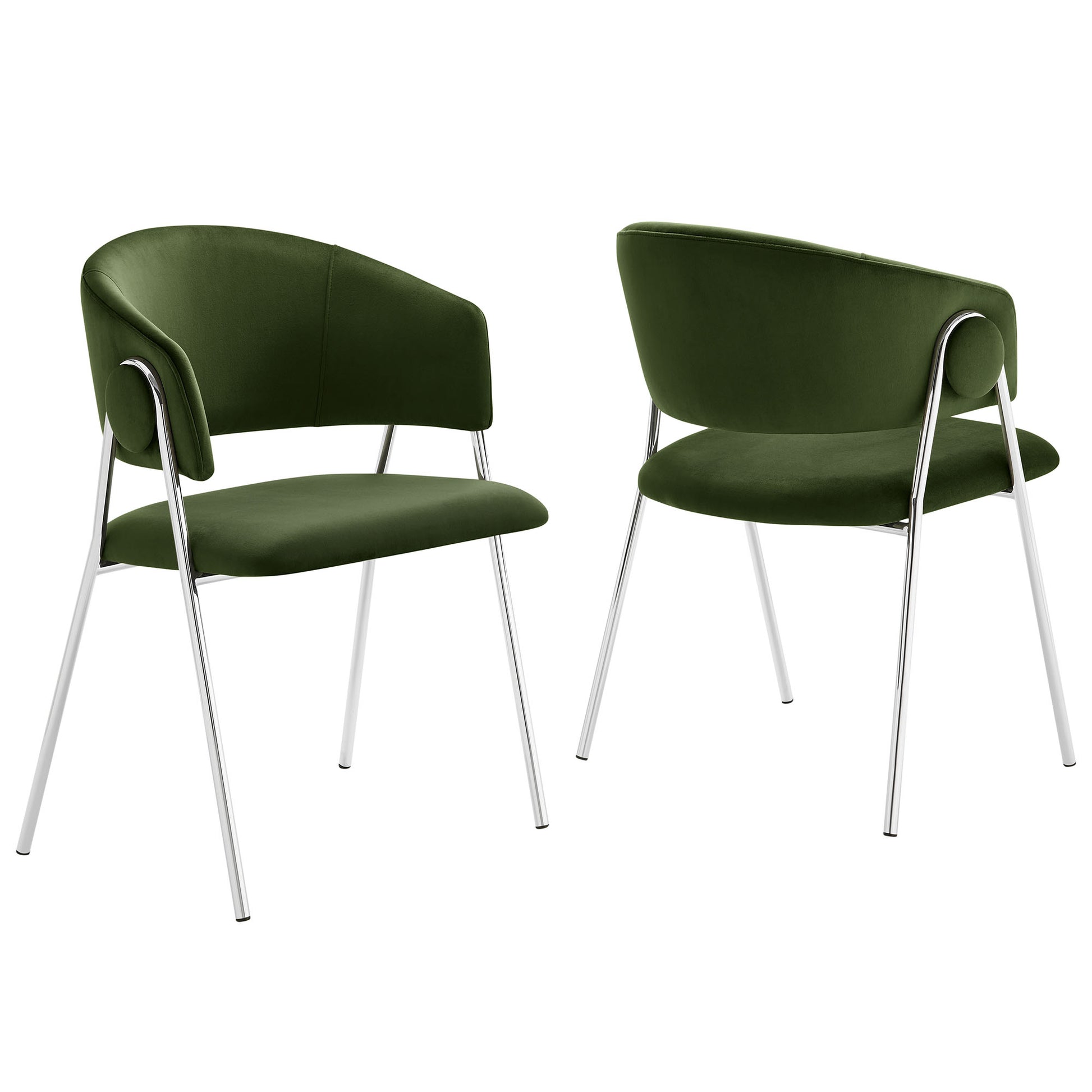 Pair of velvet dining chairs with curved backs and slim chrome legs; silver.