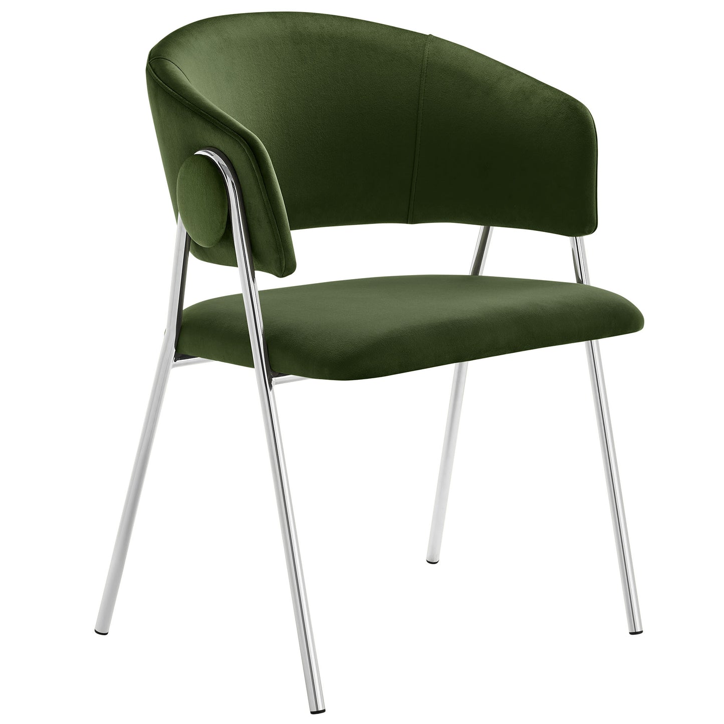 Silver velvet dining chair with curved back, integrated arms, and chrome metal legs, set of 2.