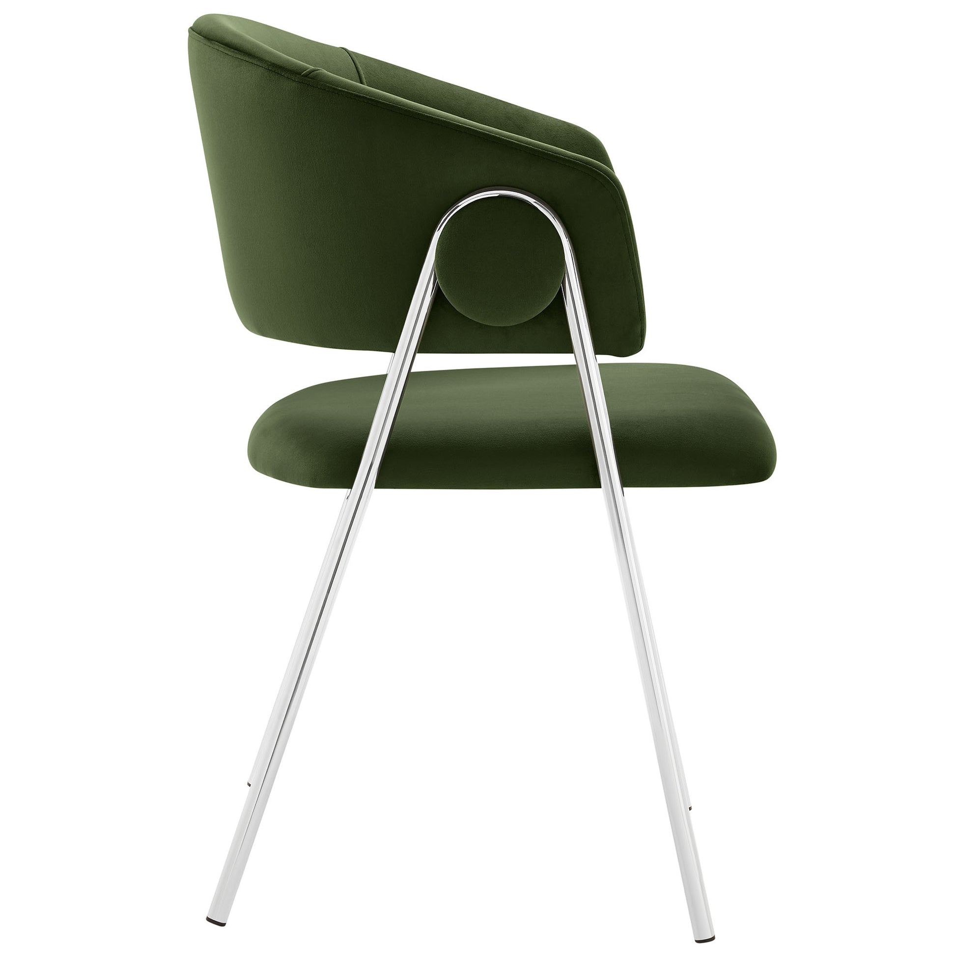 Silver velvet upholstered dining chair with curved back, chrome tubular legs and circular connector, modern mid-century style