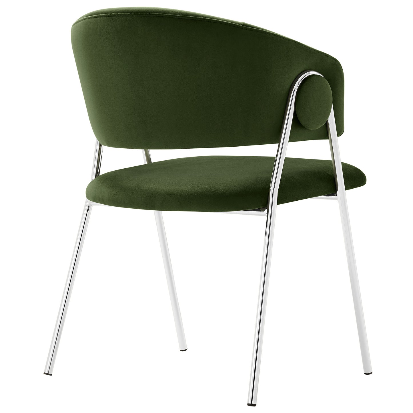 Pair of silver velvet upholstered dining chairs with rounded backs and chrome legs.
