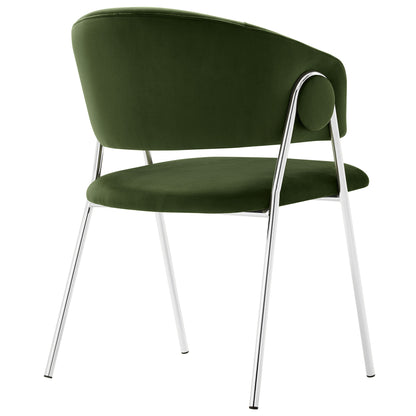 Pair of silver velvet upholstered dining chairs with rounded backs and chrome legs.