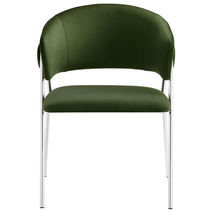 Set of 2 silver velvet dining chairs with upholstered seats & backs; metal legs.