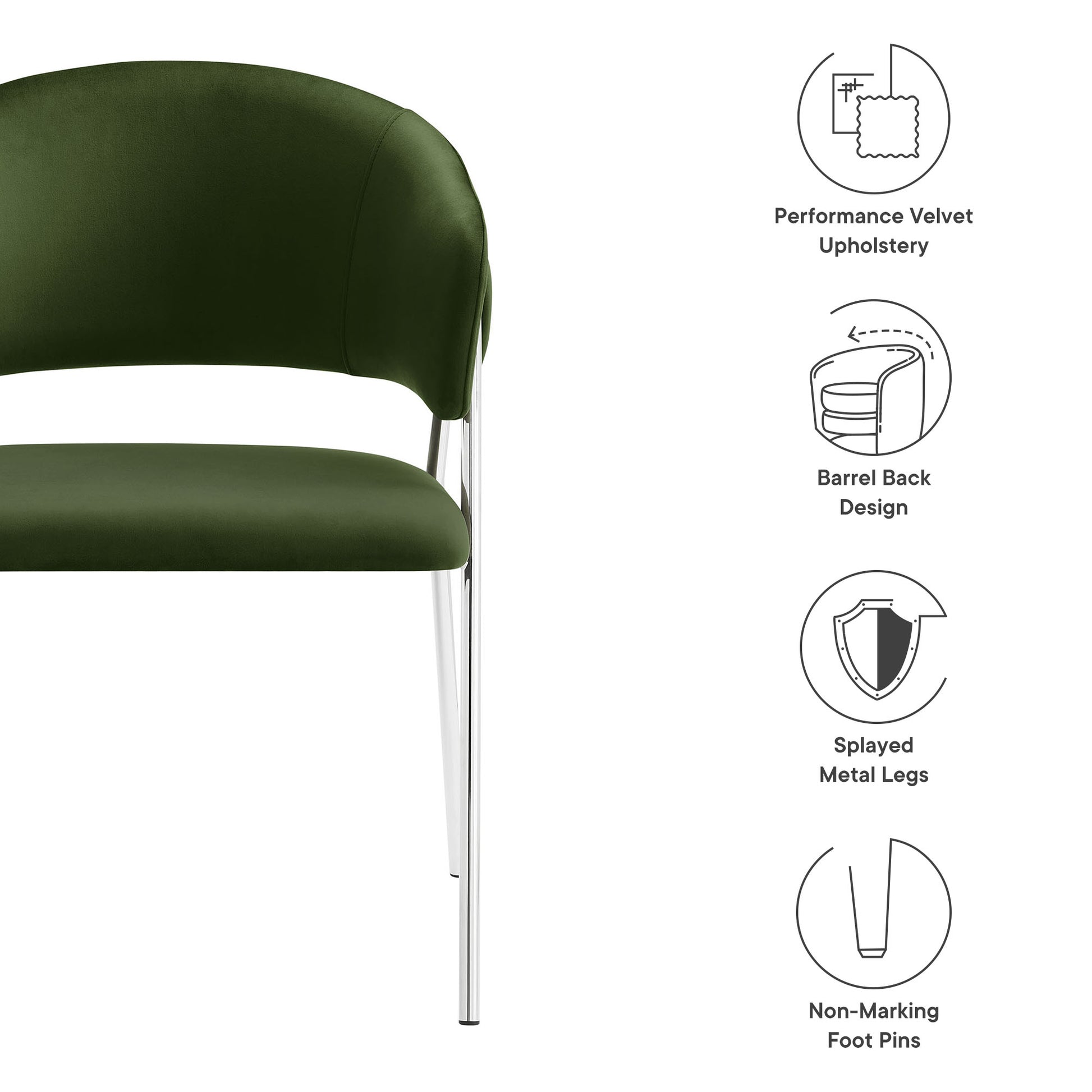 Silver velvet upholstered barrel-back dining chairs with chrome splayed legs (set of 2).