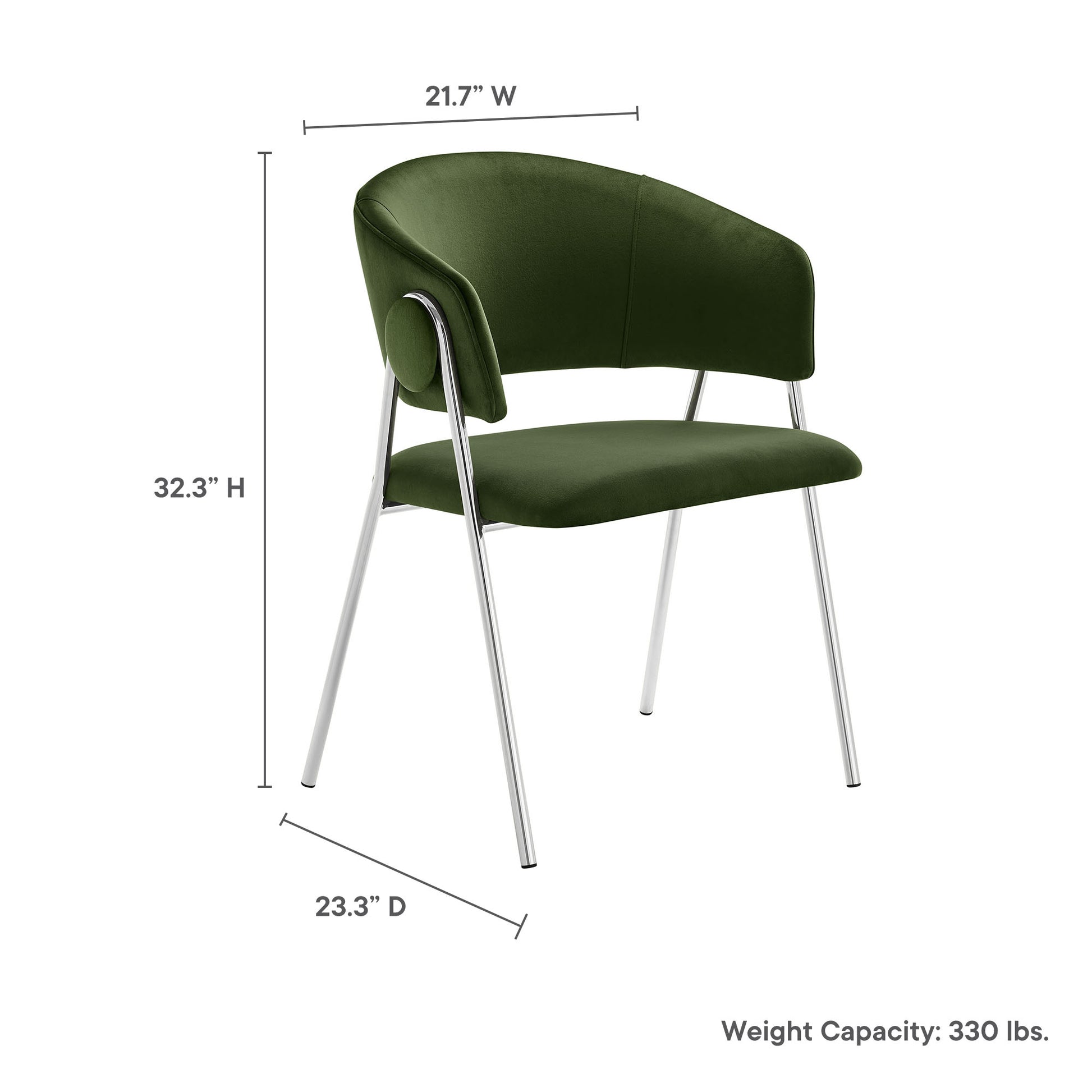 Silver velvet dining chairs (set of 2) with curved backs and rounded armrests, chrome metal legs, 32.3" H x 21.7" W x 23.3" D.