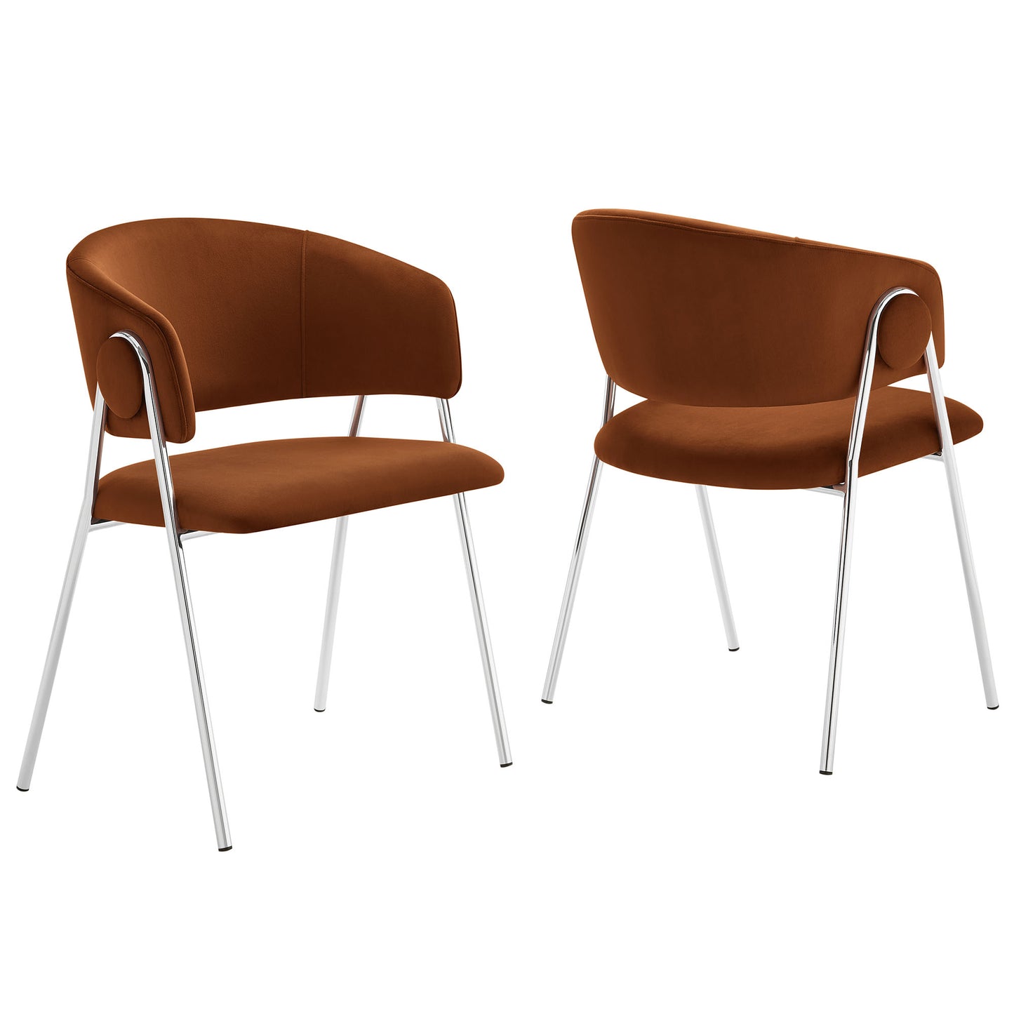 Two silver velvet dining chairs with curved backs, wraparound chrome arm supports and slender chrome legs.