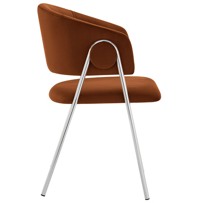 Silver upholstered velvet dining chair with a curved backrest and chrome metal A-frame legs, modern dining/office seating.