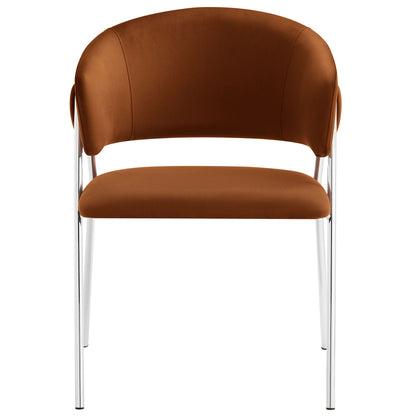 Silver velvet dining chairs, armless with curved backs & upholstered seating; set of 2.