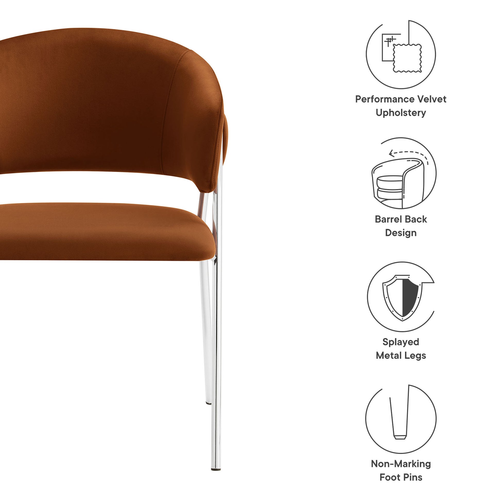 Silver upholstered performance velvet barrel-back dining chair with slender chrome splayed legs.