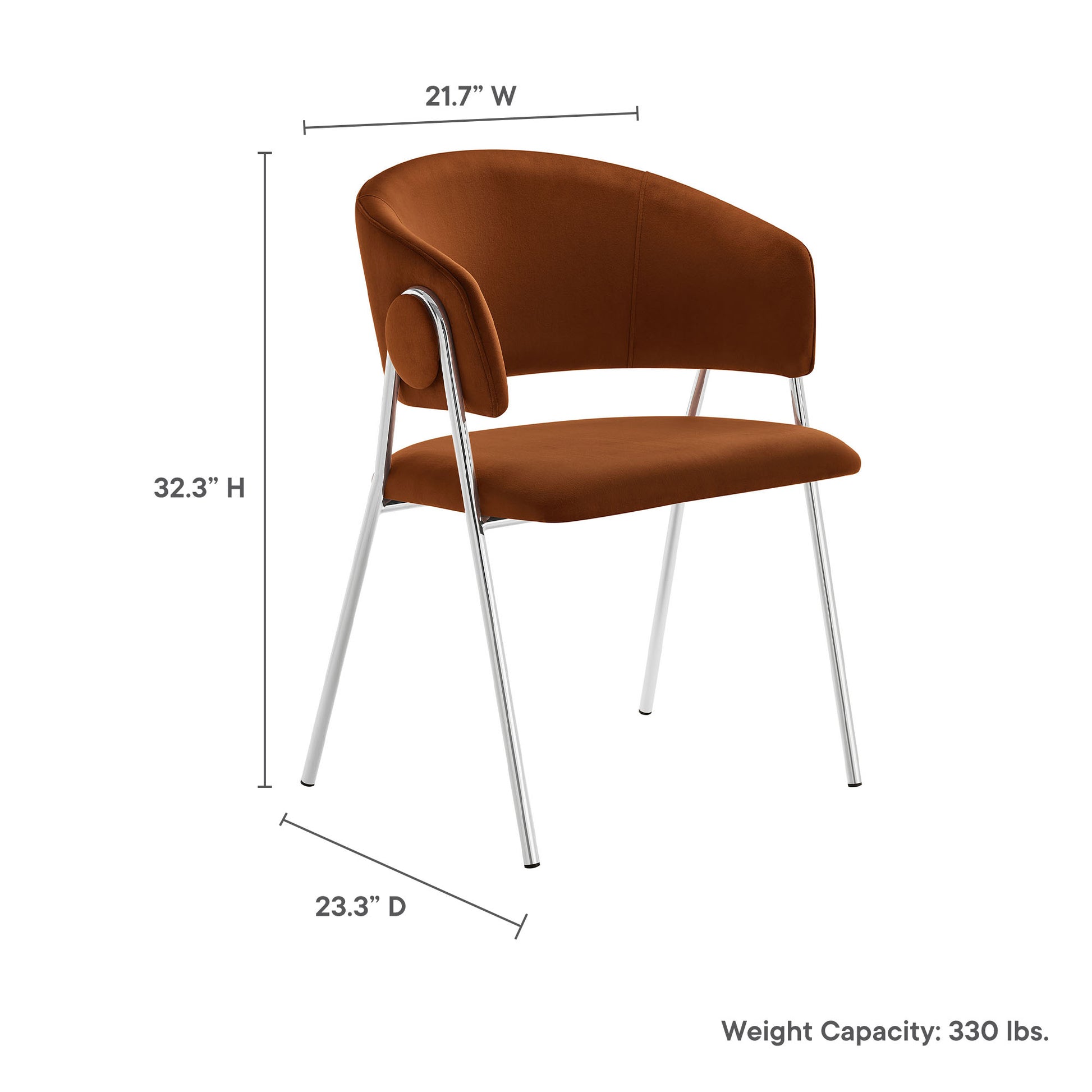 Silver velvet dining chairs with curved back and chrome legs; 21.7"W x 32.3"H x 23.3"D; set of 2.