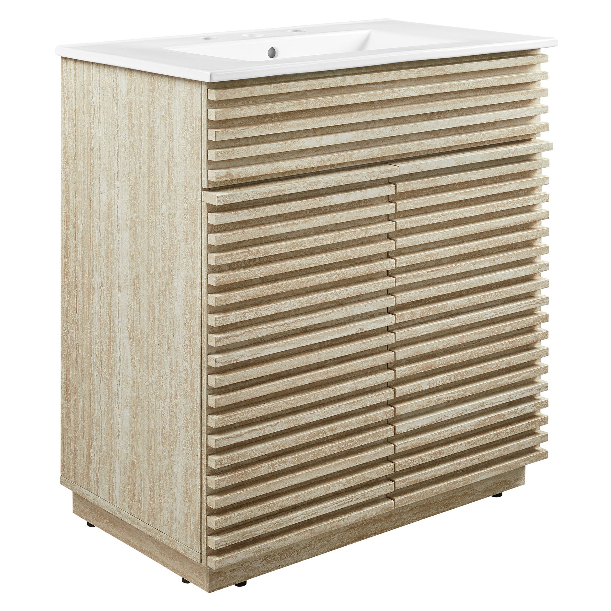 White bathroom vanity with sink, 30" wide, featuring horizontal slatted doors.