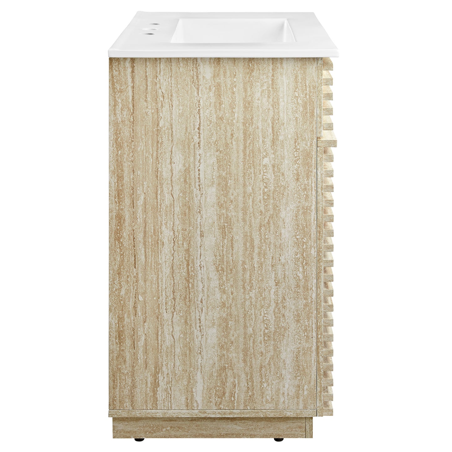 White bathroom vanity with sink, rectangular sink top, 30-inch wide, featuring slatted side trim.