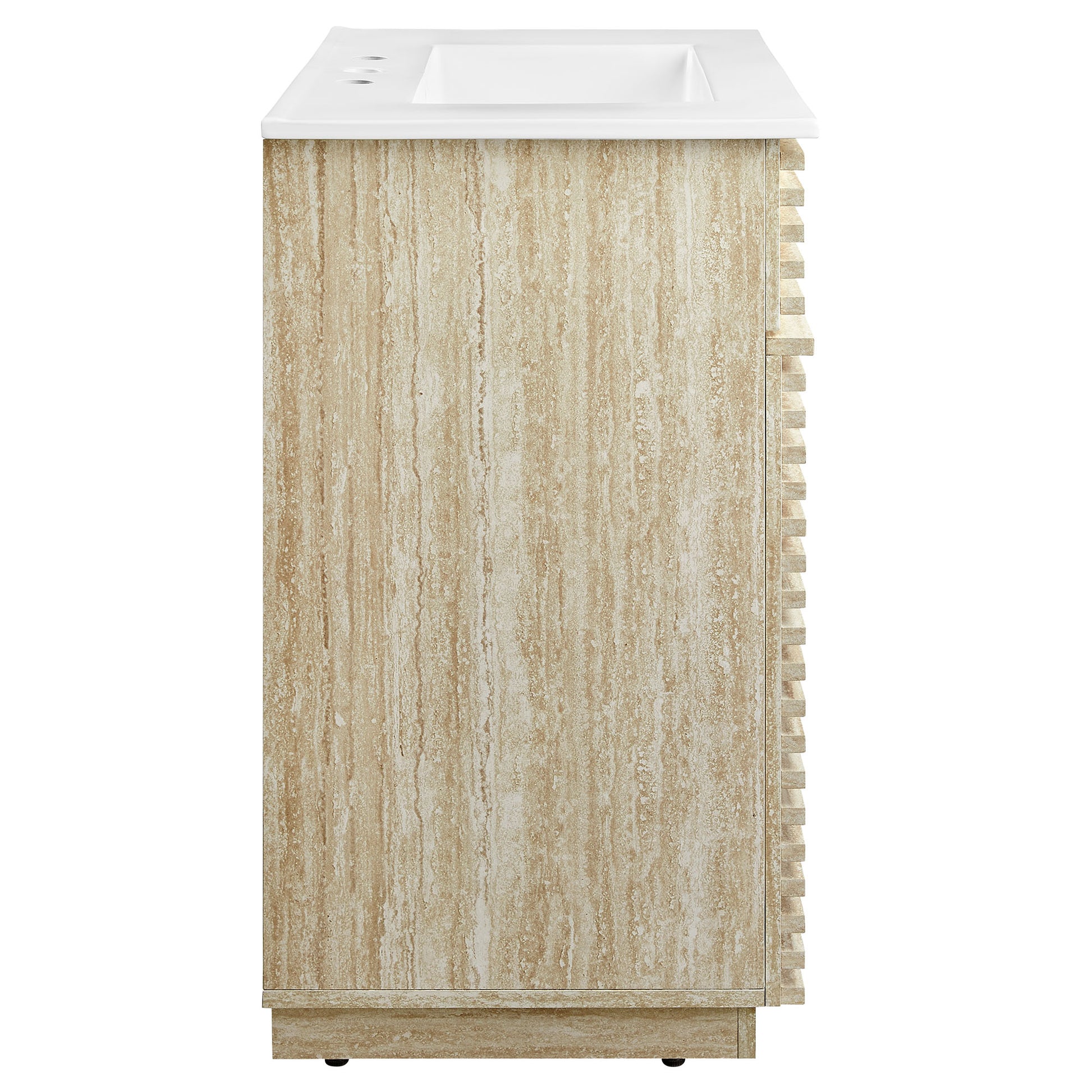 White bathroom vanity with sink, rectangular sink top, 30-inch wide, featuring slatted side trim.