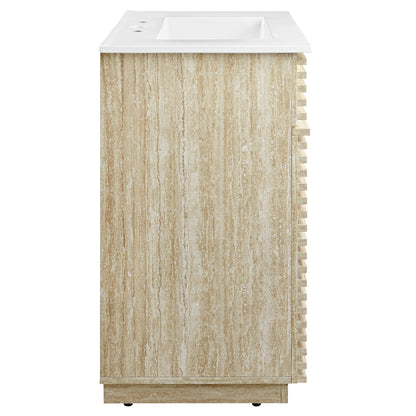 White bathroom vanity with sink, rectangular sink top, 30-inch wide, featuring slatted side trim.