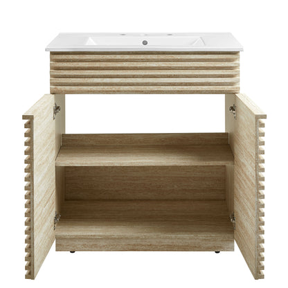 White textured wood bathroom vanity with ribbed front, double doors open to a two-shelf cabinet beneath a white rectangular sink.