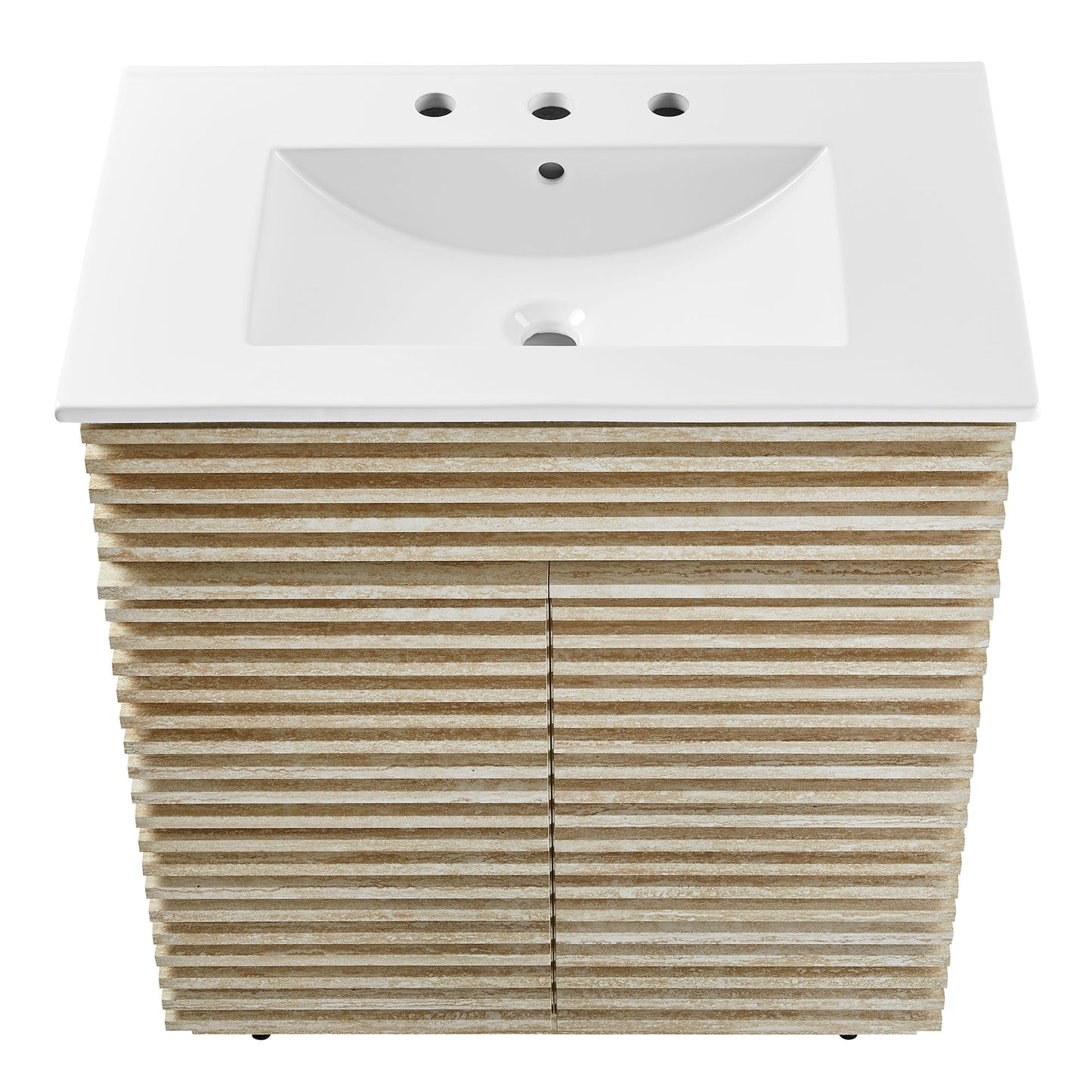 White ceramic sink with three faucet holes sits on a light wood slat bathroom vanity with two doors.