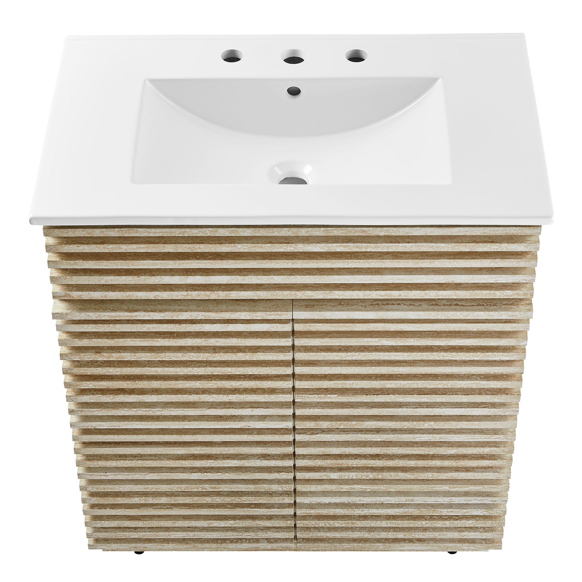 White ceramic sink with three faucet holes sits on a light wood slat bathroom vanity with two doors.
