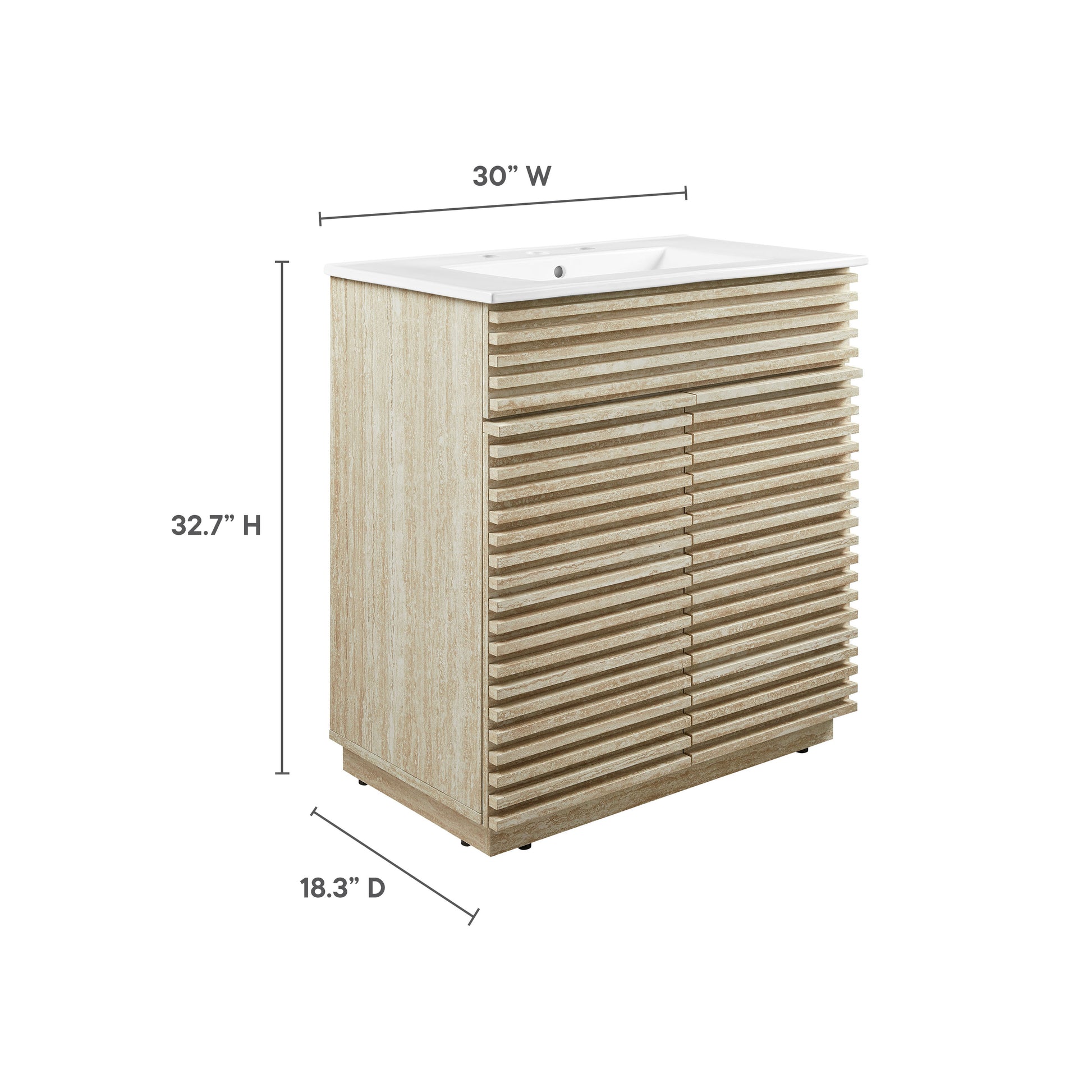 White bathroom vanity with sink, 30W x 32.7H x 18.3D.