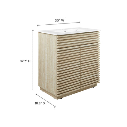 White bathroom vanity with sink, 30W x 32.7H x 18.3D.