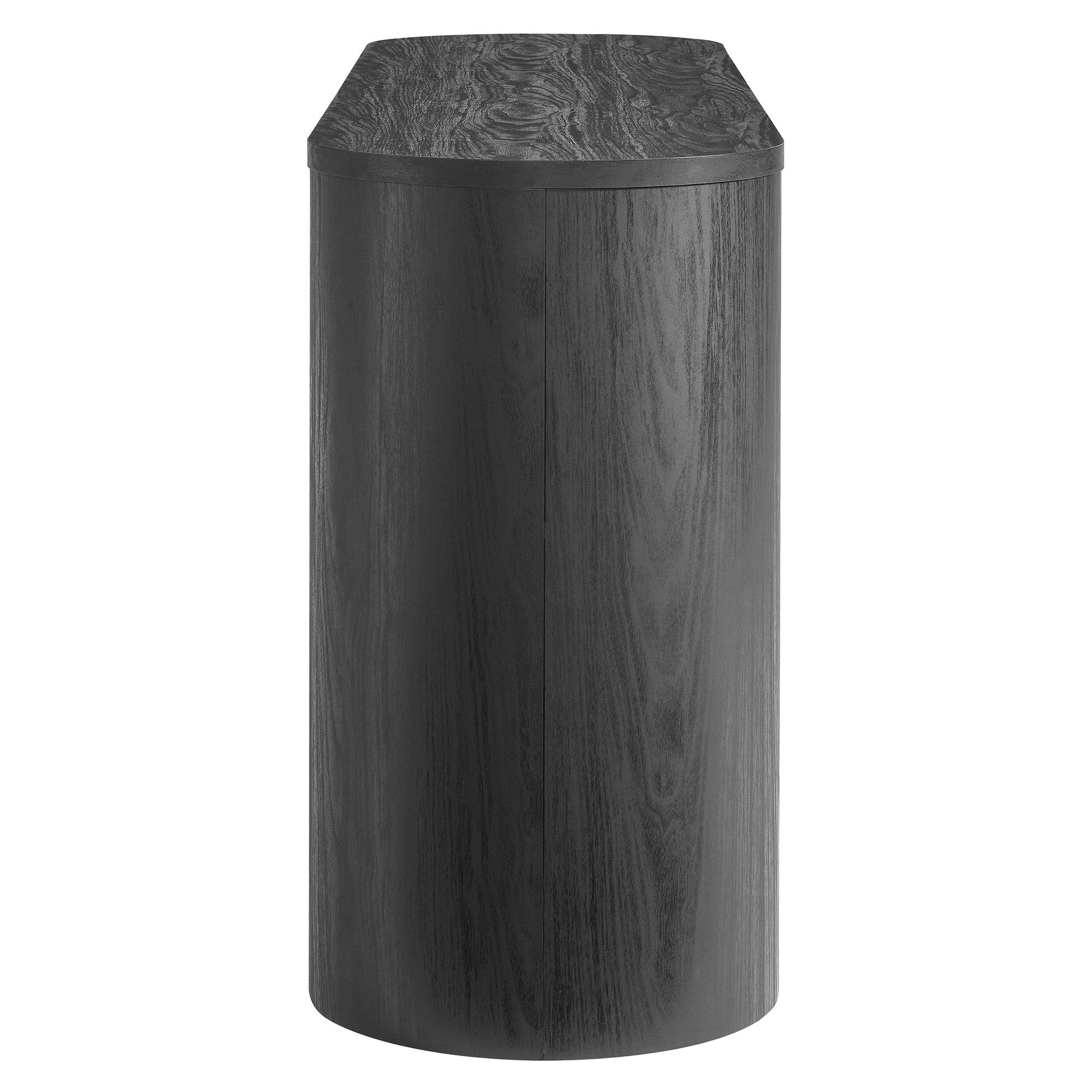 Tall black wood-grain rounded sideboard storage cabinet.