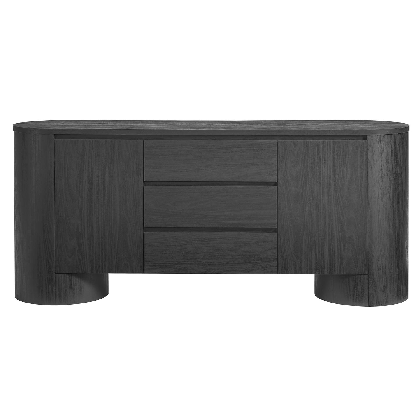 Dark charcoal wood sideboard with rounded cylindrical legs, two side cabinets and three central drawers, oval silhouette.