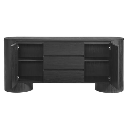 Black 71" rounded sideboard storage cabinet with two side cabinets featuring shelves and three central drawers.